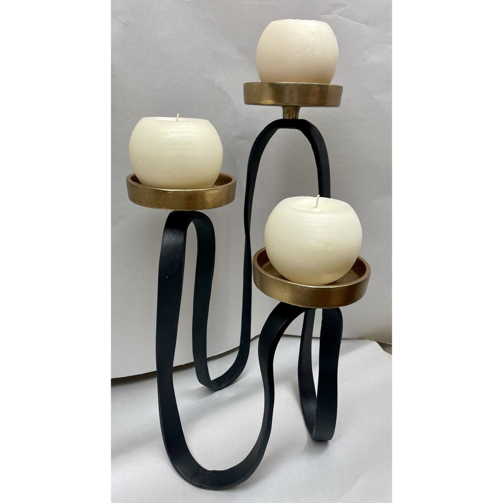 Modern 3 Candle Holder Stand Black and Gold Aluminum Including Candles